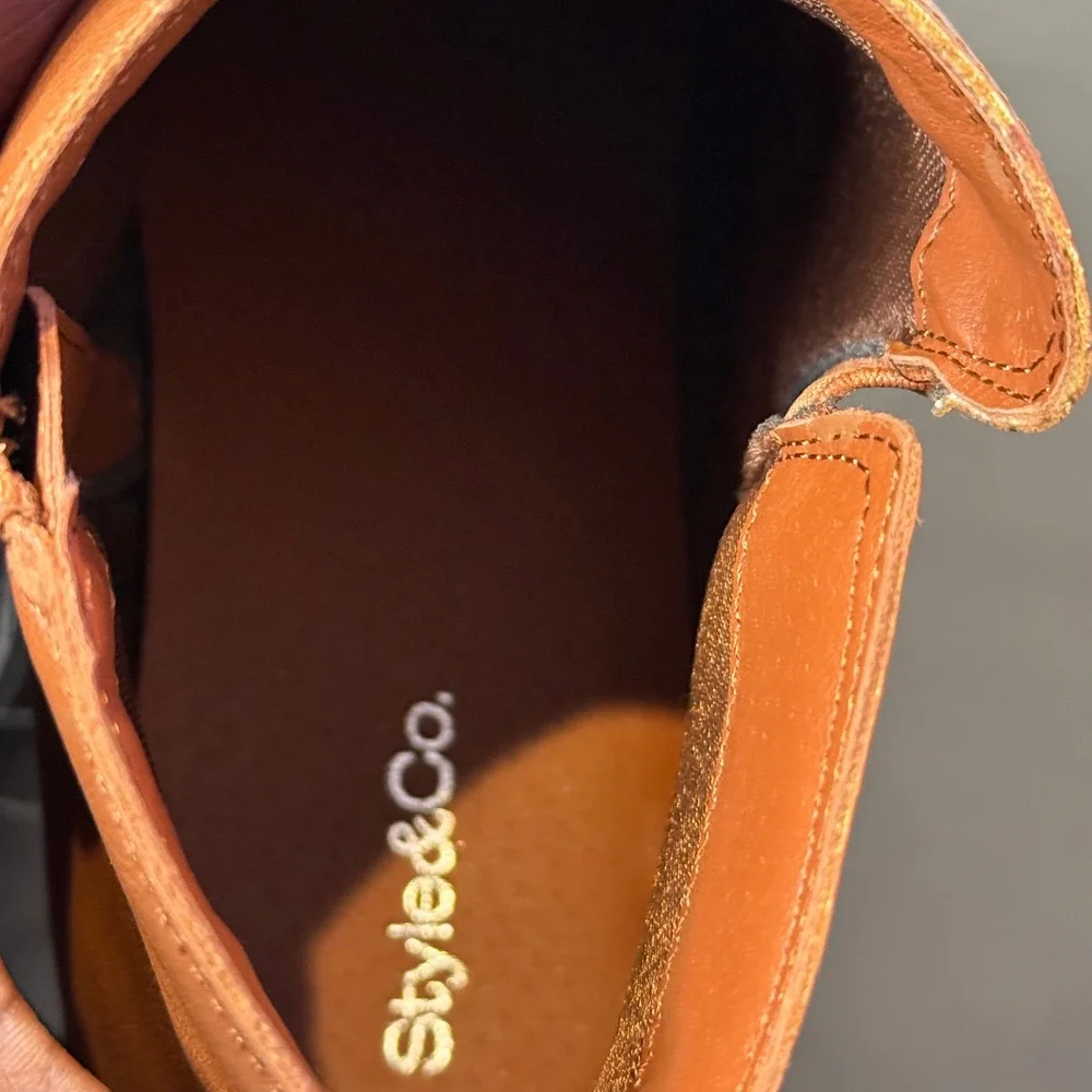 Cognac Brown Ankle Boots Womens 12 Lug Sole Faux Leather Low Block Heel‎  Zip